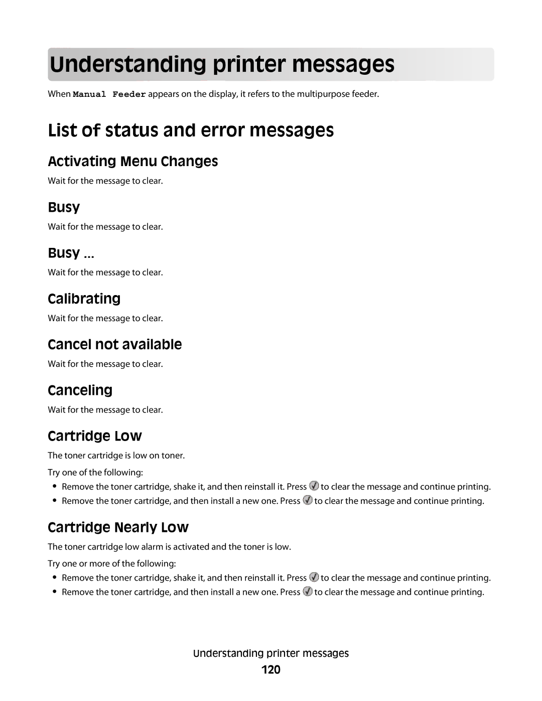 Lexmark E460dw manual Und ersta nding prin t e r message s, List of status and error messages 