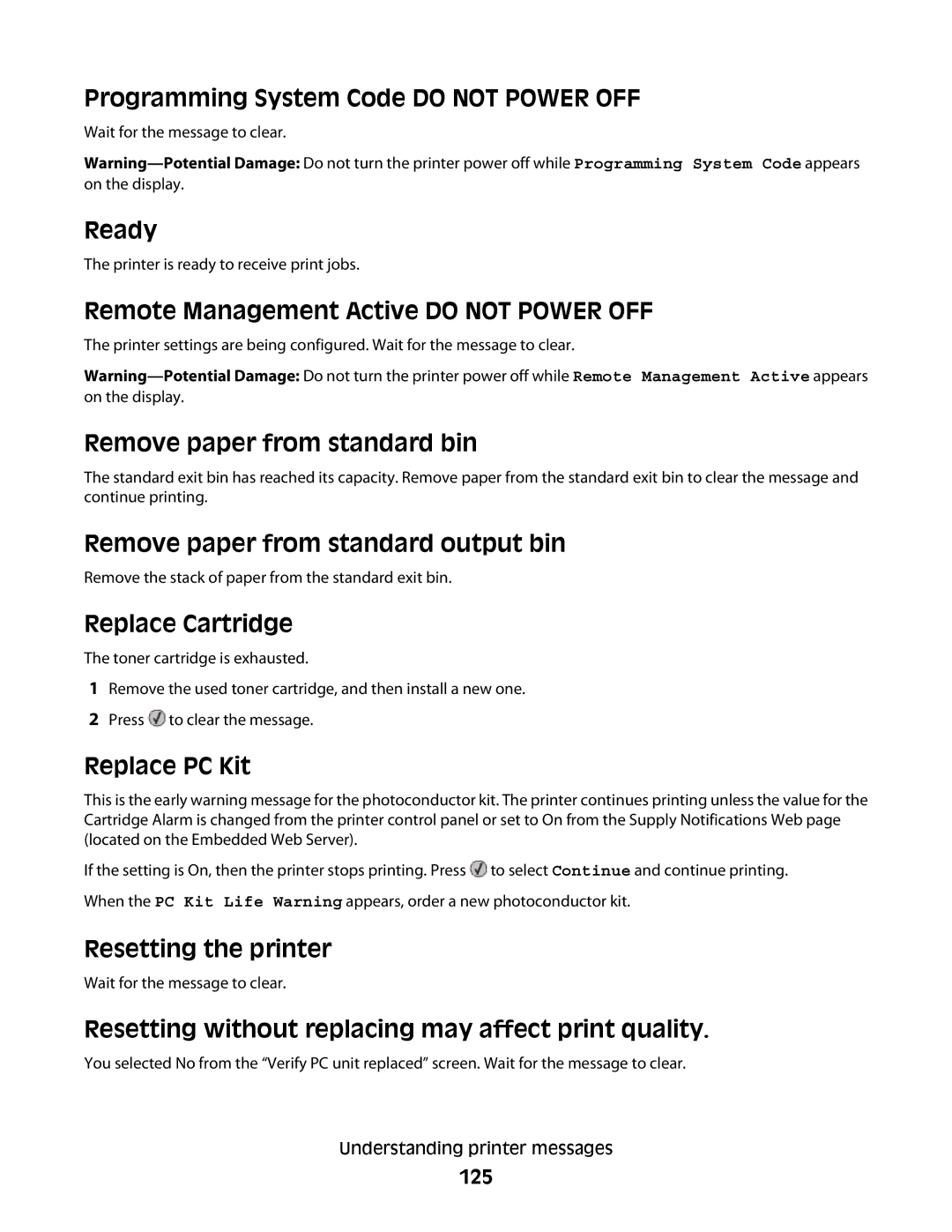 Lexmark E460dw Programming System Code do not Power OFF, Ready, Remote Management Active do not Power OFF, Replace PC Kit 