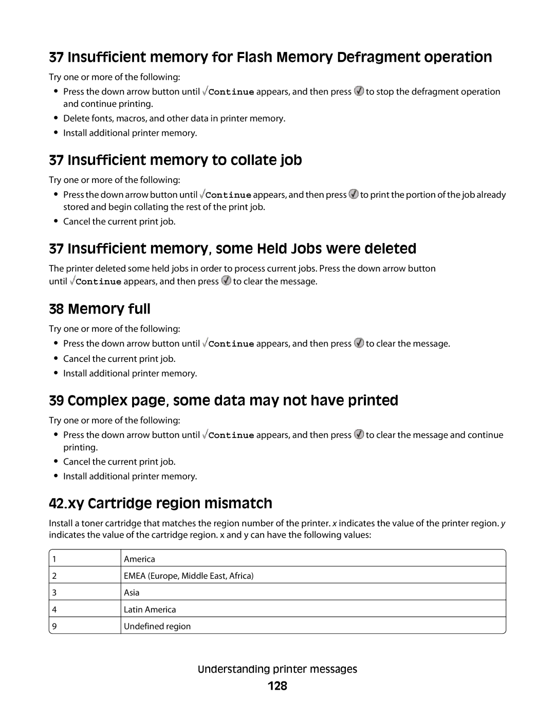 Lexmark E460dw Insufficient memory for Flash Memory Defragment operation, Insufficient memory to collate job, Memory full 