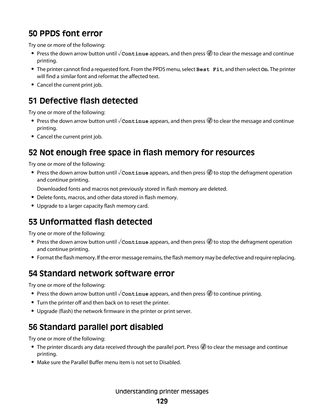 Lexmark E460dw manual Ppds font error, Defective flash detected, Not enough free space in flash memory for resources 