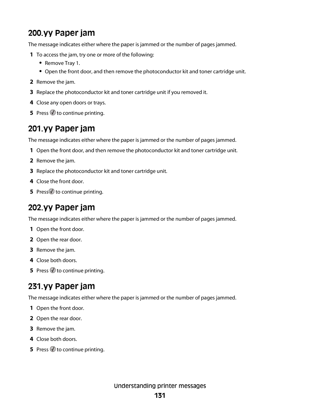 Lexmark E460dw manual Yy Paper jam, 131 