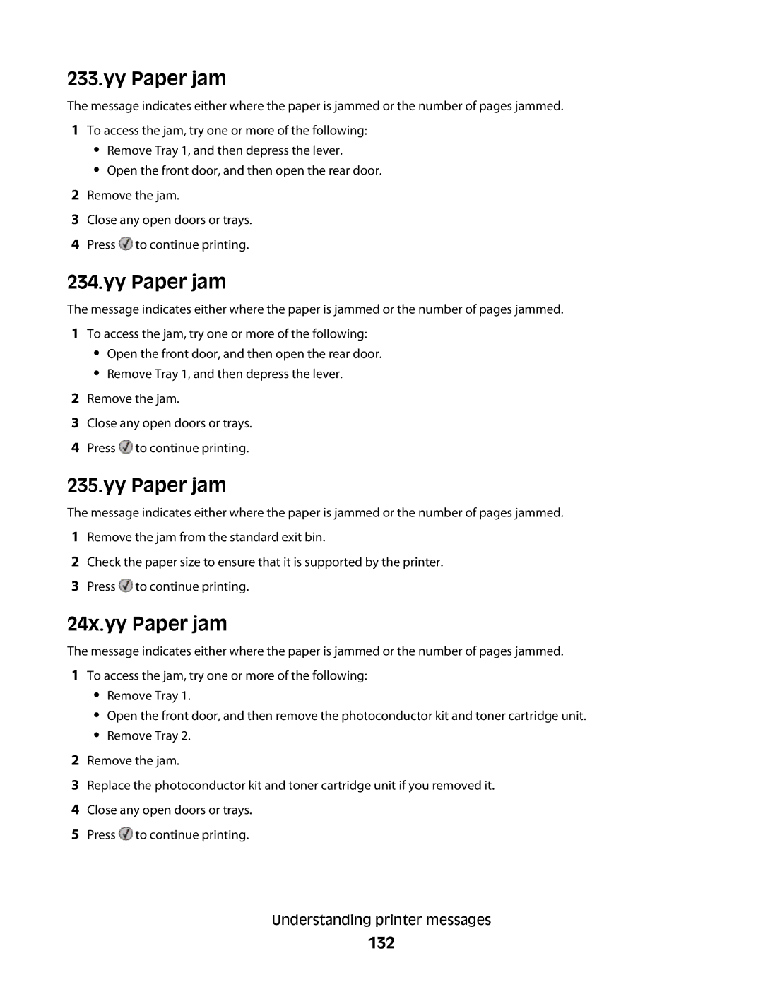 Lexmark E460dw manual 24x.yy Paper jam, 132 