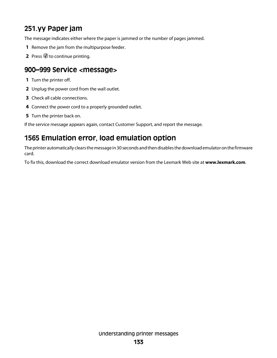 Lexmark E460dw manual Service message, Emulation error, load emulation option, 133 