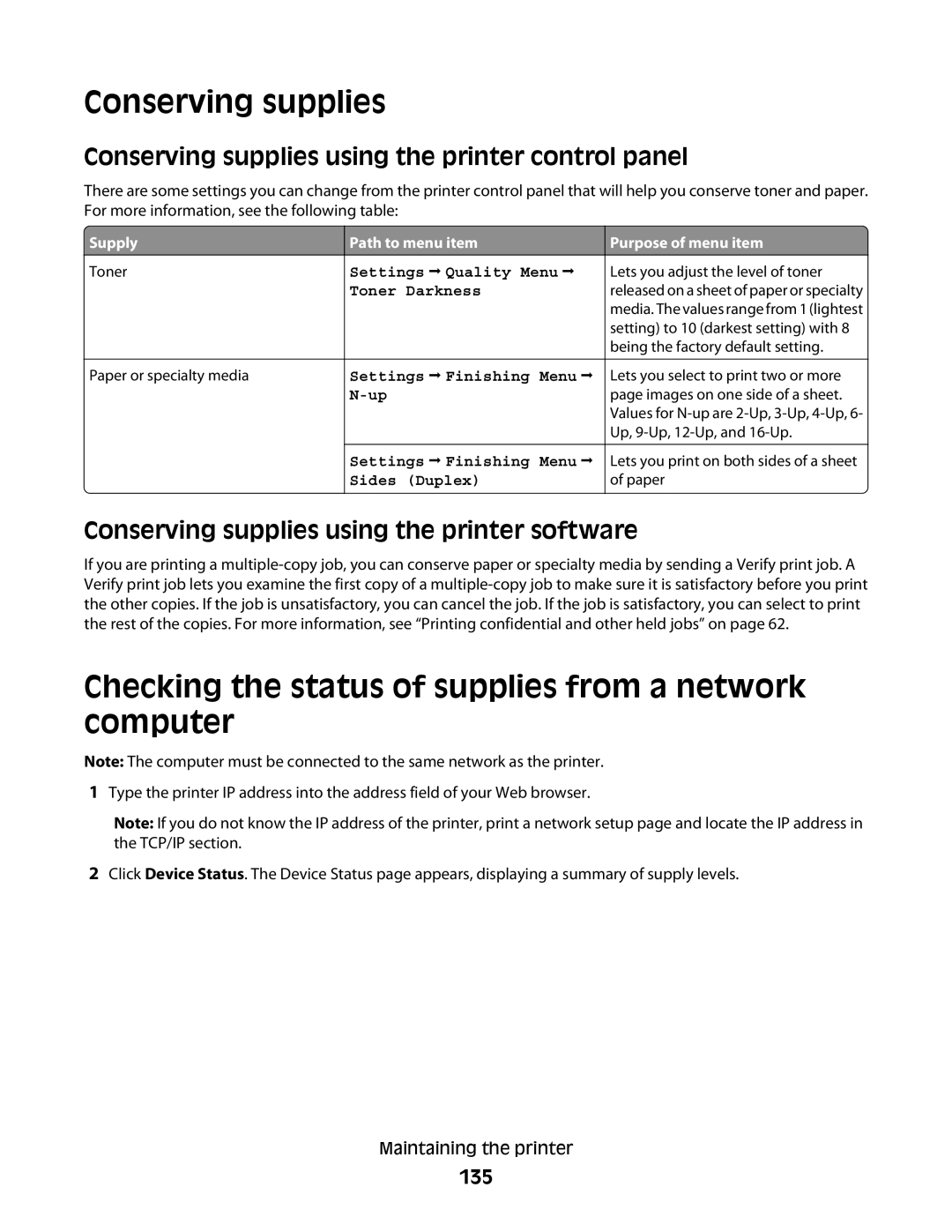 Lexmark E460dw manual Conserving supplies, Checking the status of supplies from a network computer, 135 