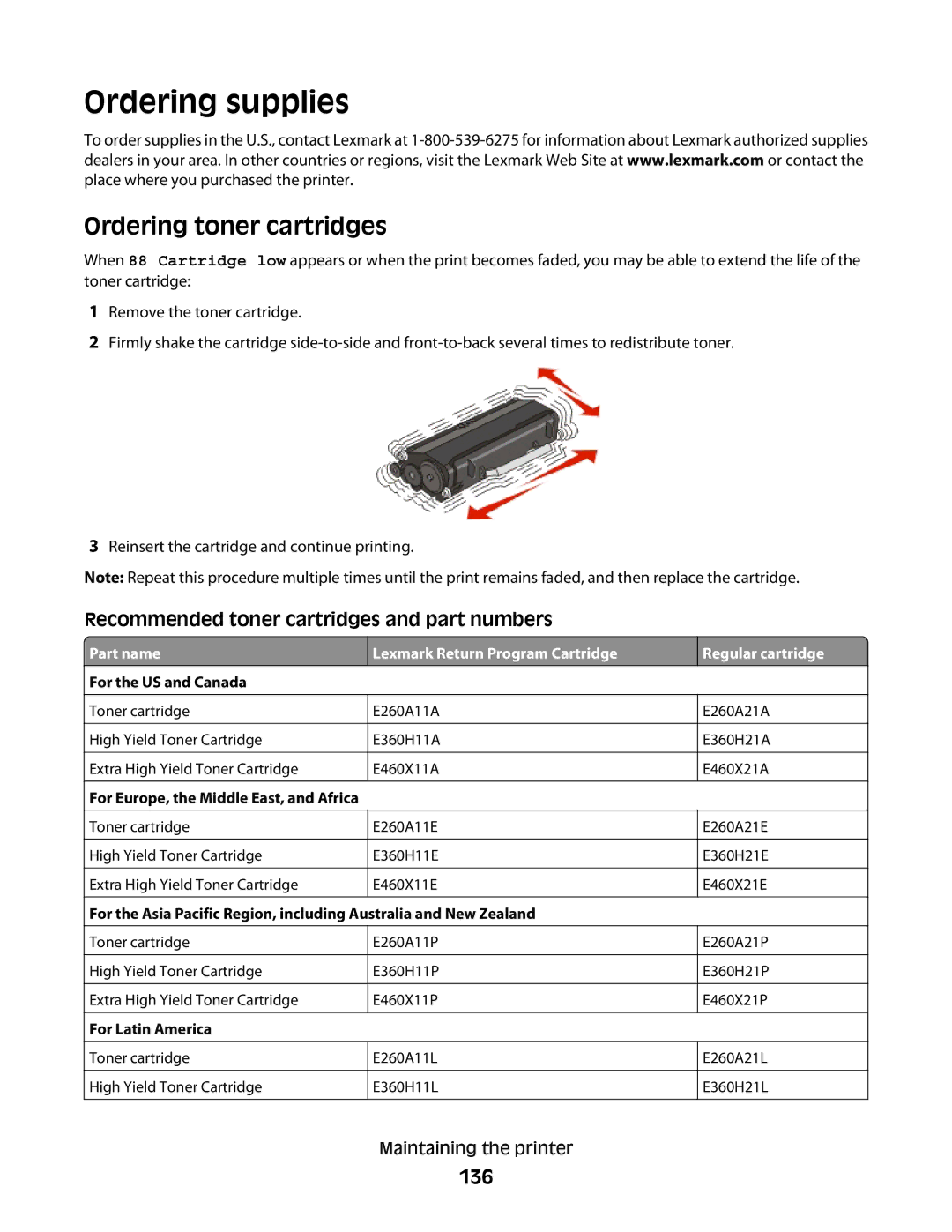 Lexmark E460dw manual Ordering supplies, Ordering toner cartridges, 136 