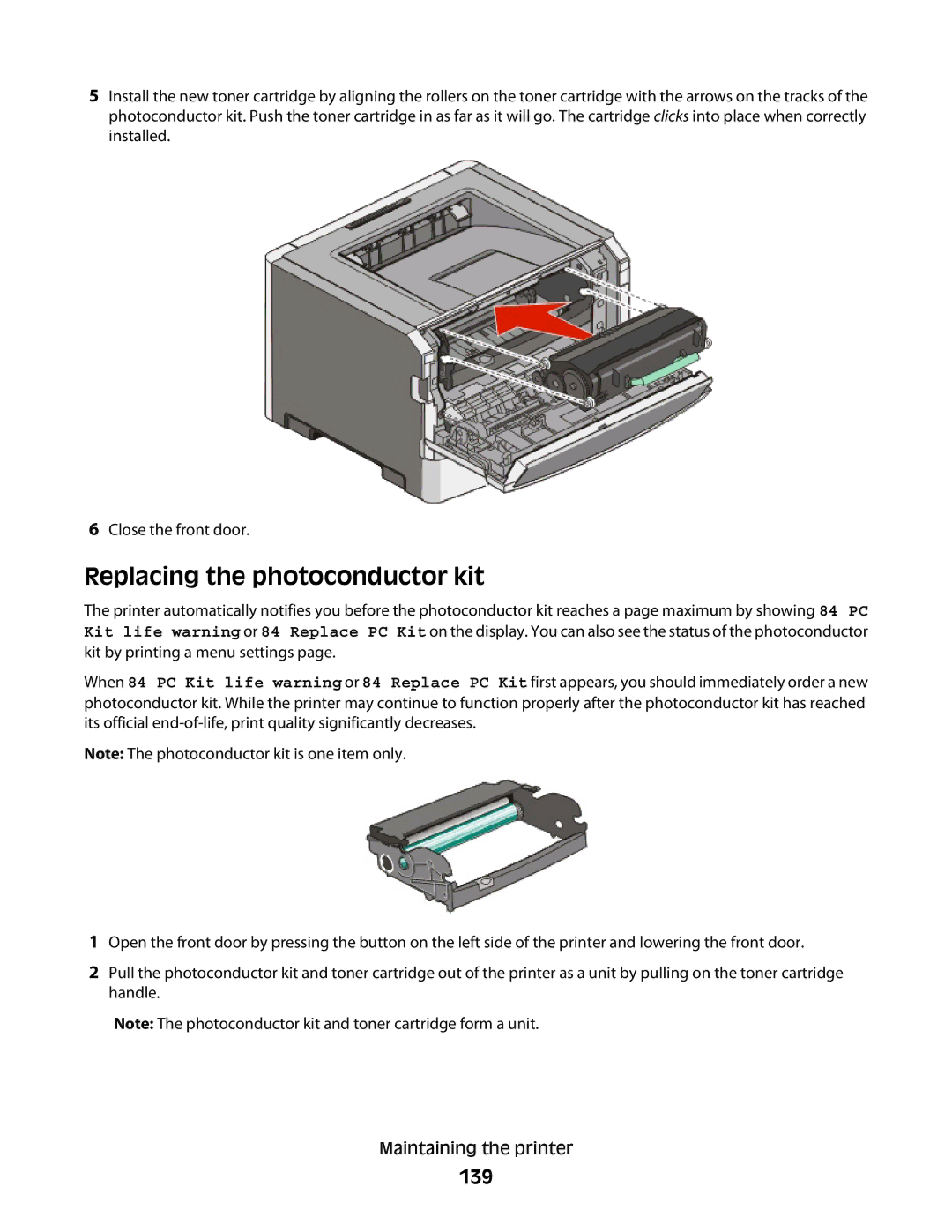 Lexmark E460dw manual Replacing the photoconductor kit, 139 