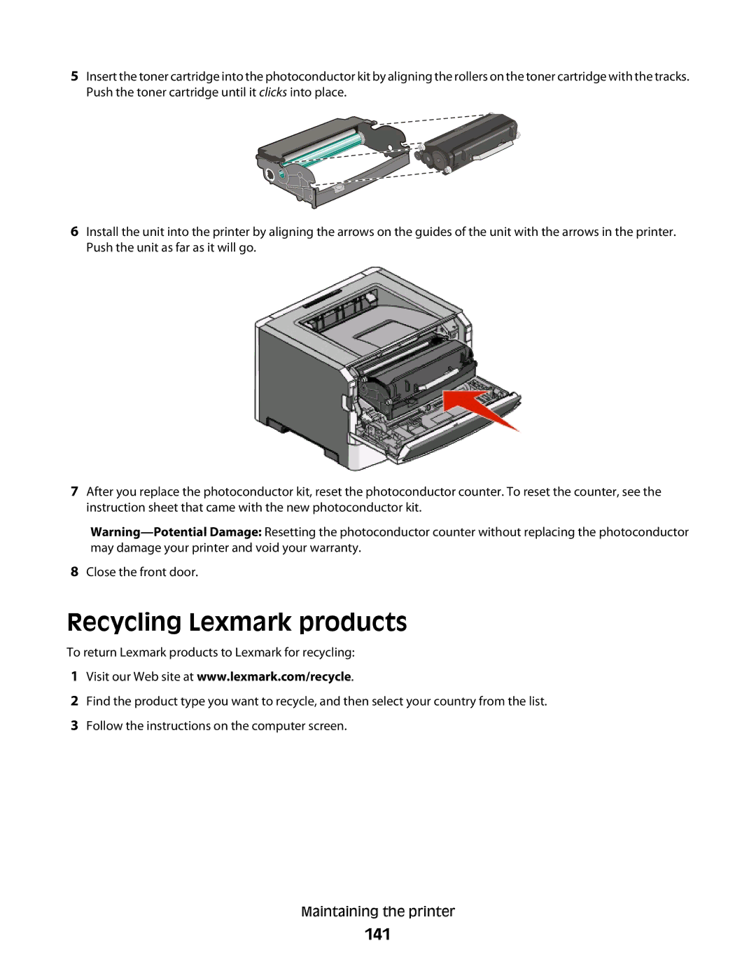 Lexmark E460dw manual Recycling Lexmark products, 141 