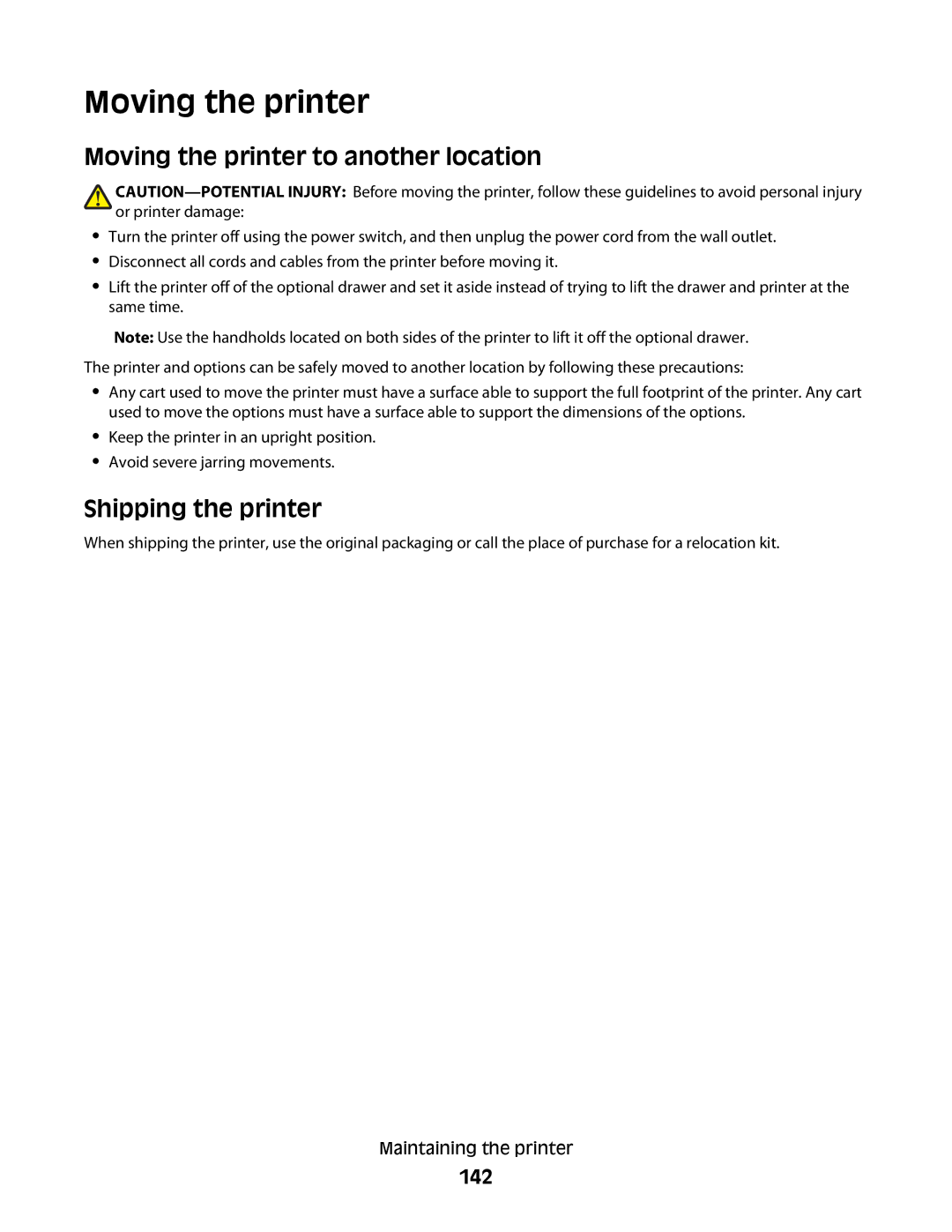 Lexmark E460dw manual Moving the printer to another location, Shipping the printer, 142 