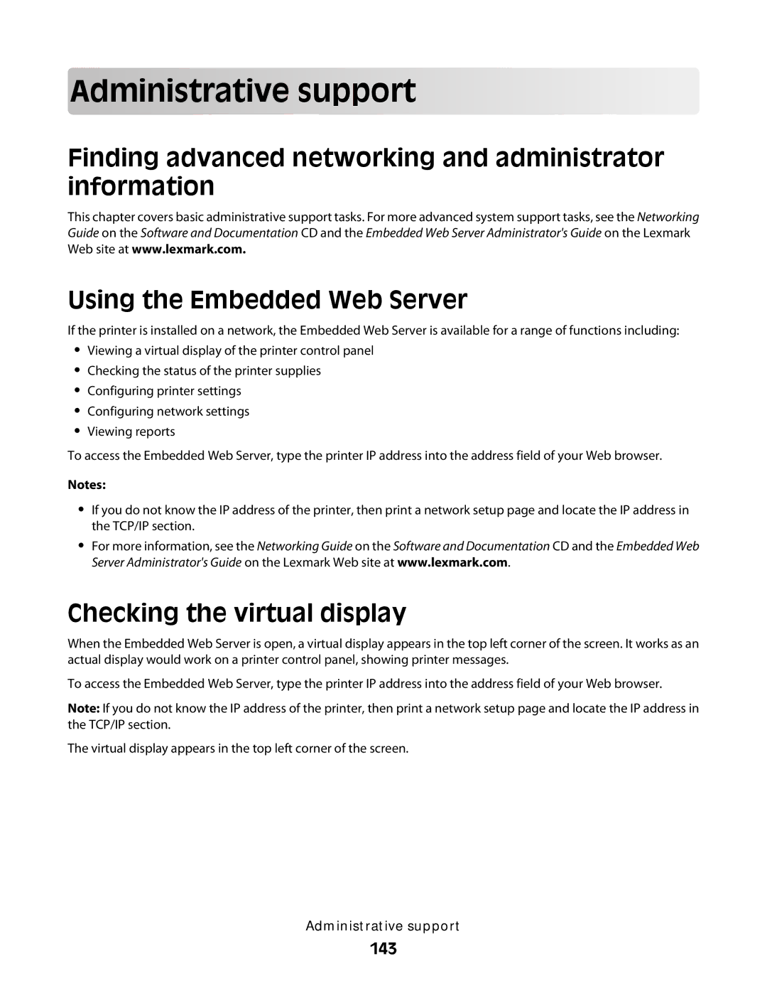 Lexmark E460dw manual Adm inistra tiv e support, Checking the virtual display, 143 