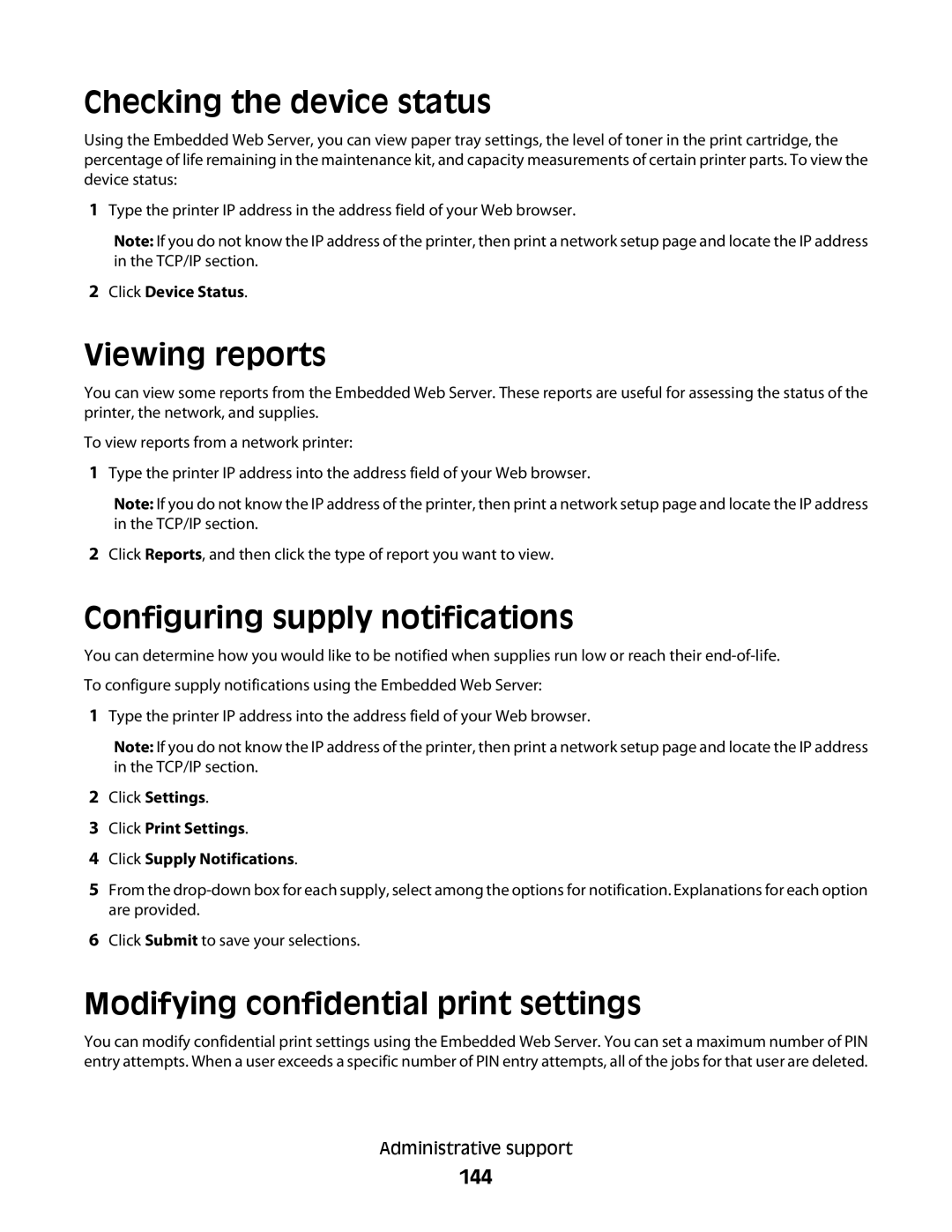 Lexmark E460dw manual Checking the device status, Viewing reports, Configuring supply notifications, 144 