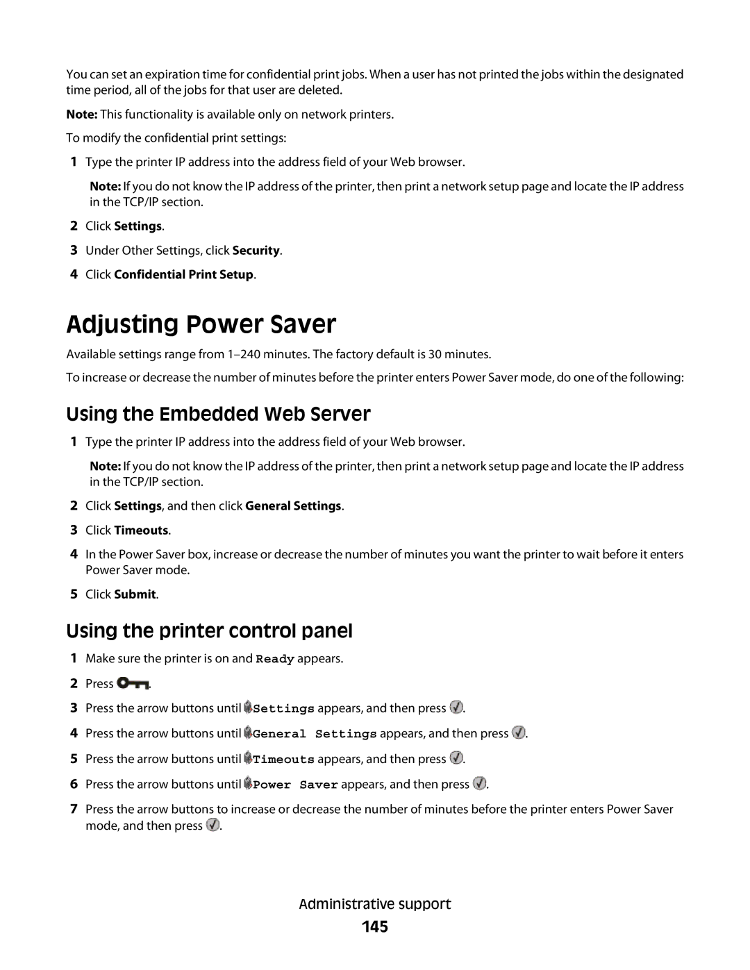 Lexmark E460dw manual Adjusting Power Saver, Using the Embedded Web Server, Using the printer control panel, 145 