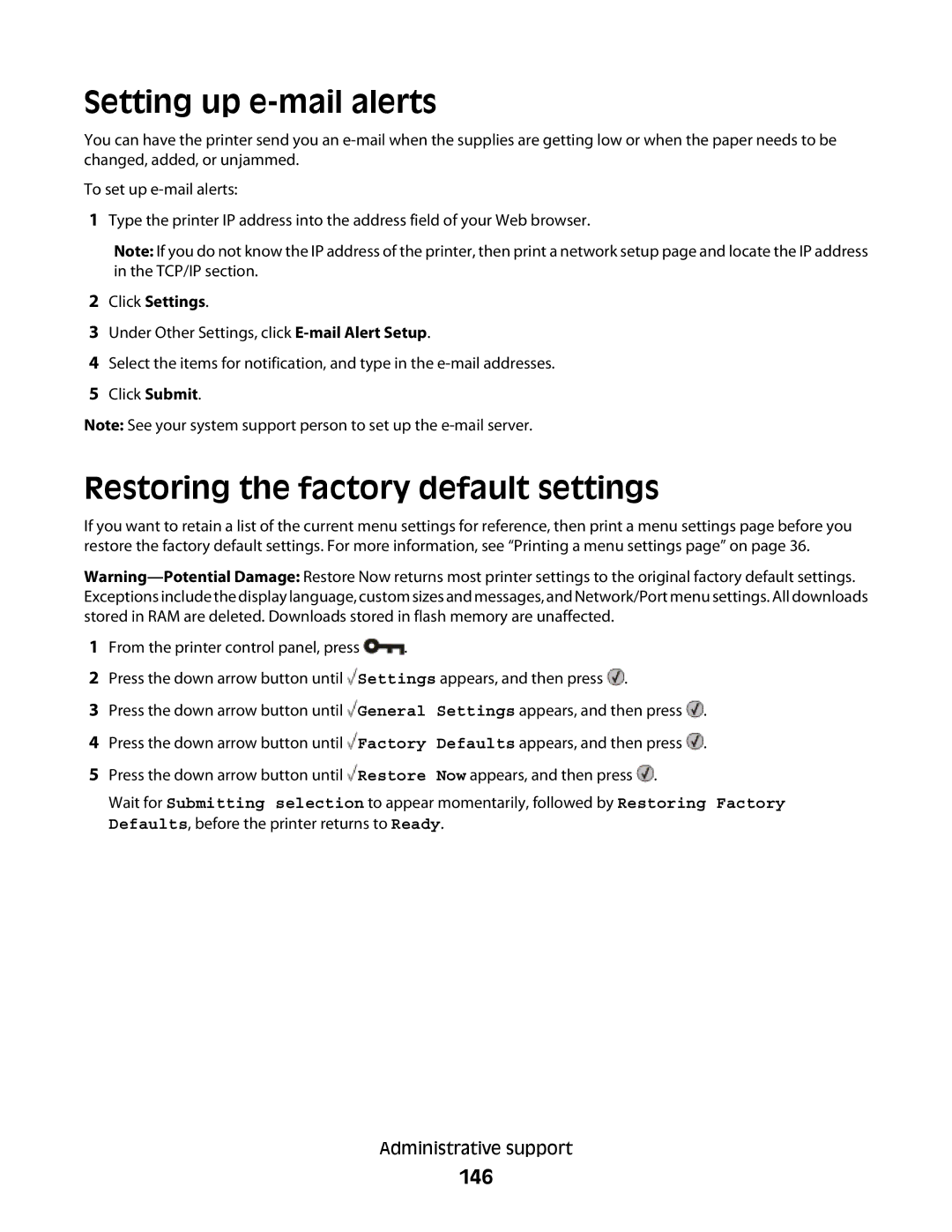 Lexmark E460dw manual Setting up e-mail alerts, Restoring the factory default settings, 146 