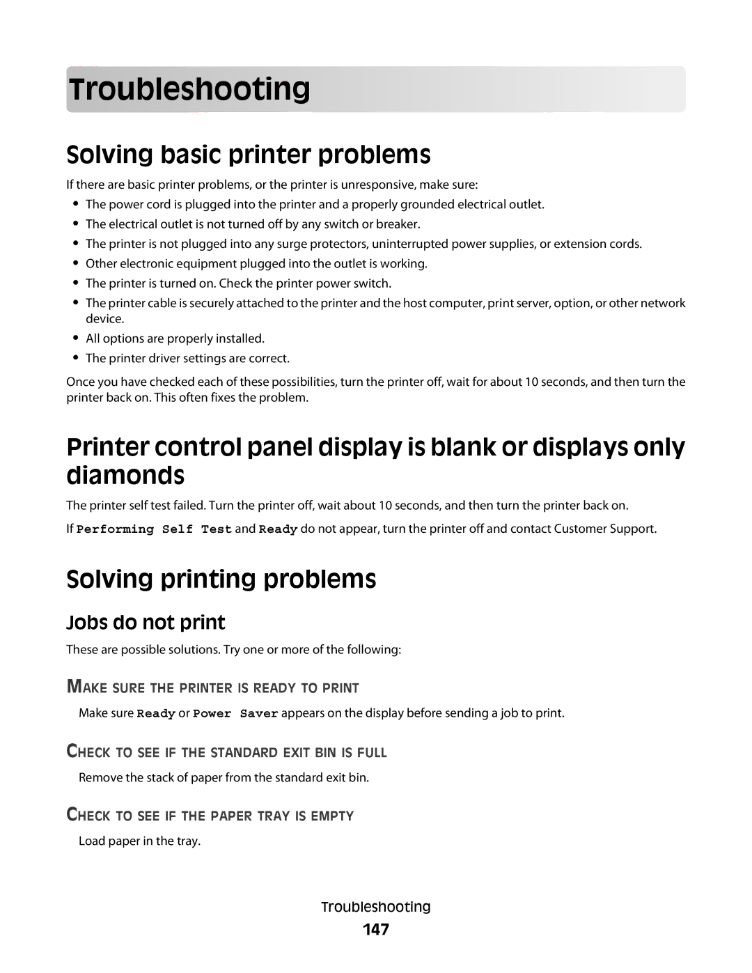 Lexmark E460dw manual Troublesho oting, Solving basic printer problems, Solving printing problems, Jobs do not print, 147 