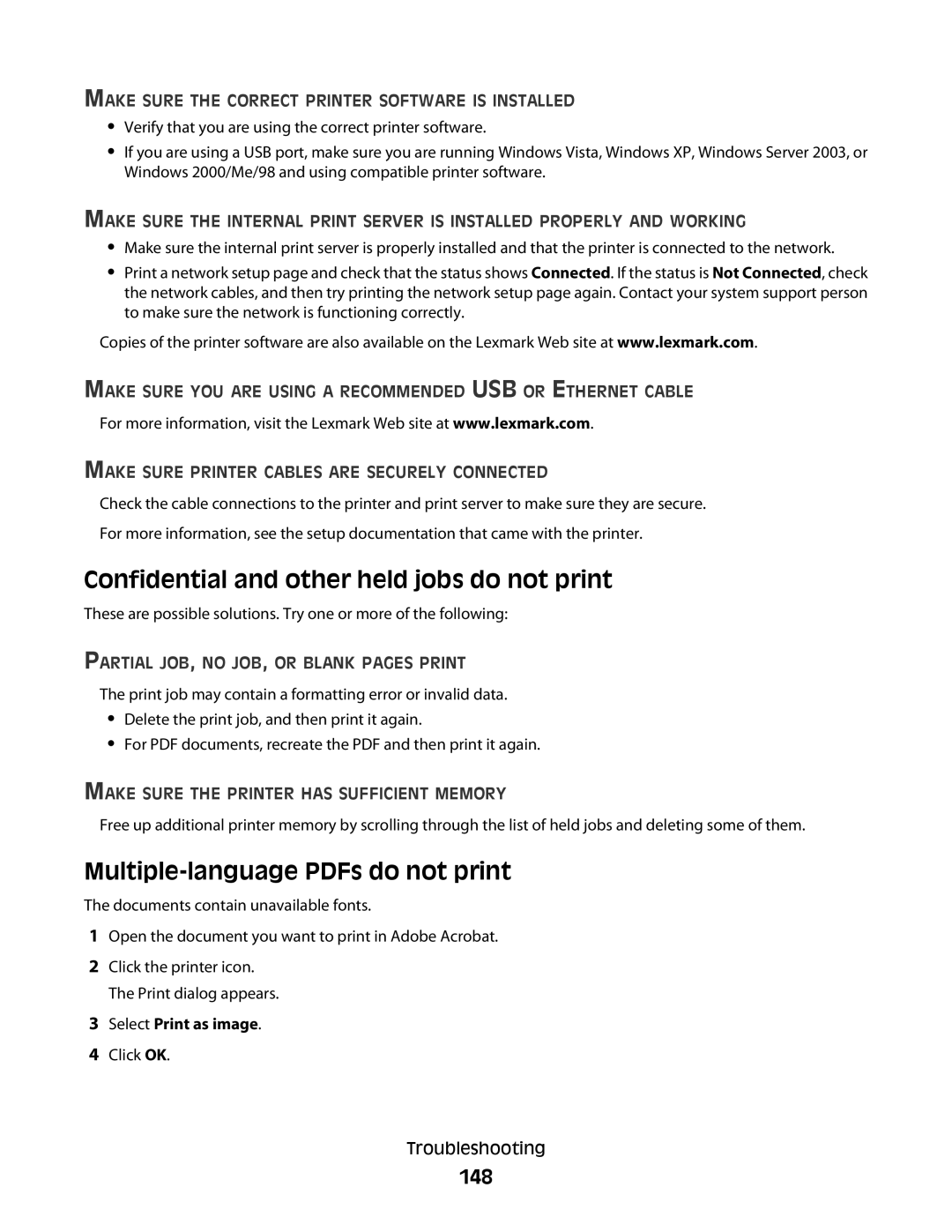 Lexmark E460dw manual Confidential and other held jobs do not print, 148, Select Print as image 