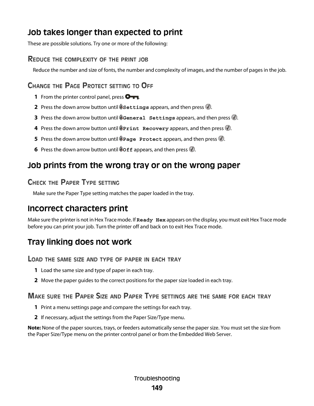 Lexmark E460dw manual Job takes longer than expected to print, Job prints from the wrong tray or on the wrong paper, 149 