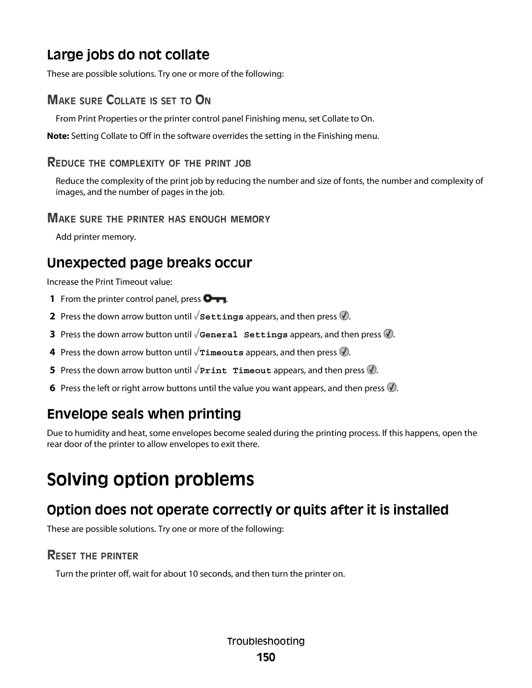 Lexmark E460dw manual Solving option problems, Large jobs do not collate, Unexpected page breaks occur, 150 