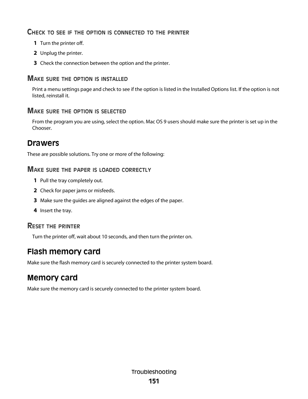 Lexmark E460dw manual Drawers, Flash memory card, Memory card, 151 