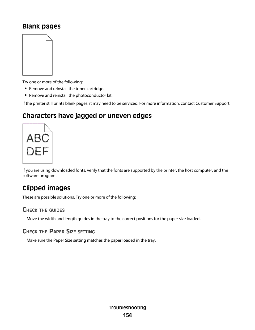 Lexmark E460dw manual Blank pages, Characters have jagged or uneven edges, Clipped images, 154 