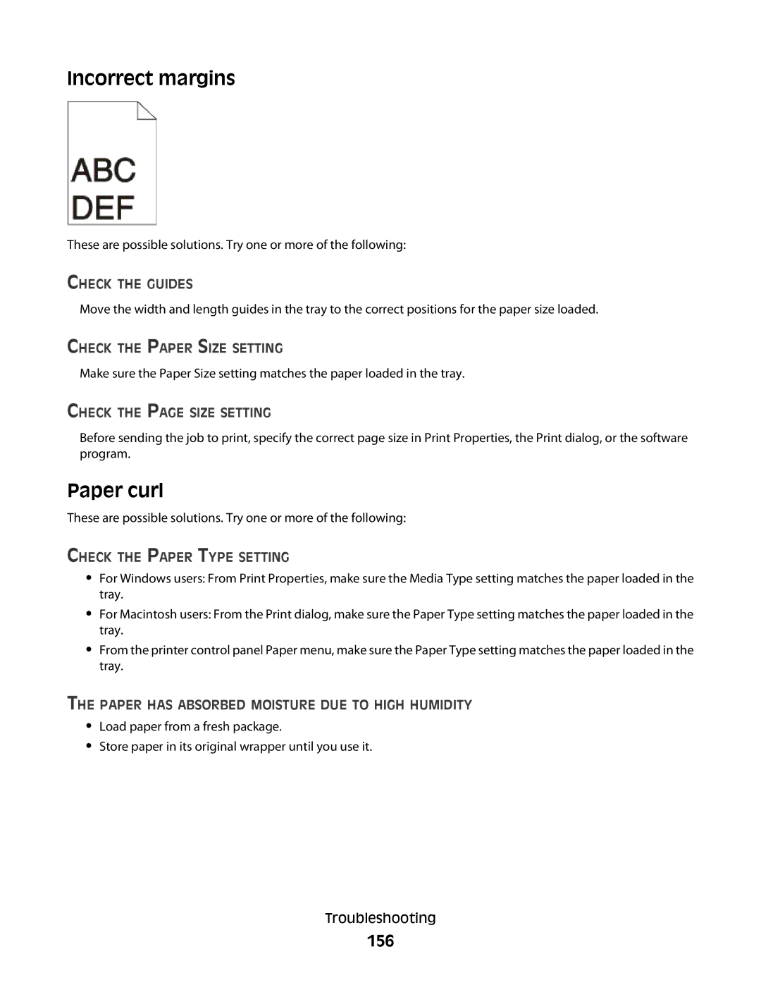 Lexmark E460dw manual Incorrect margins, Paper curl, 156 