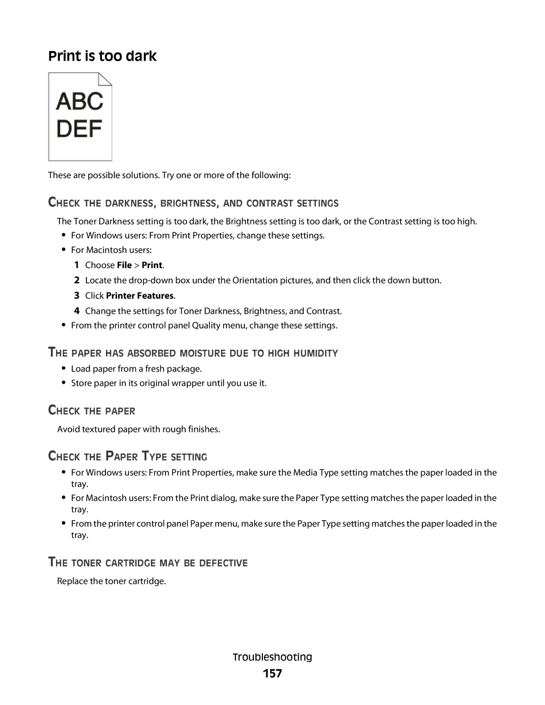 Lexmark E460dw manual Print is too dark, 157, Click Printer Features 