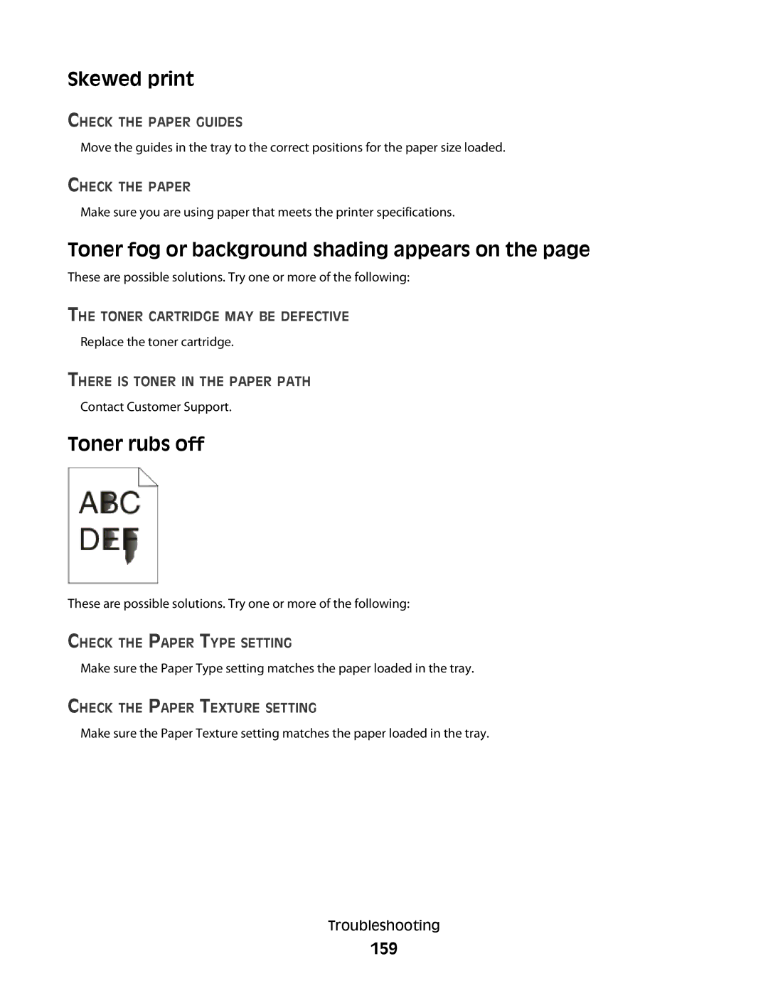 Lexmark E460dw manual Skewed print, Toner fog or background shading appears on, Toner rubs off, 159 