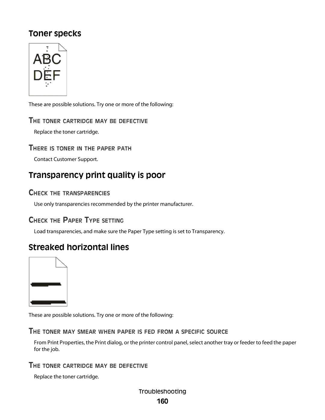 Lexmark E460dw manual Toner specks, Transparency print quality is poor, Streaked horizontal lines, 160 