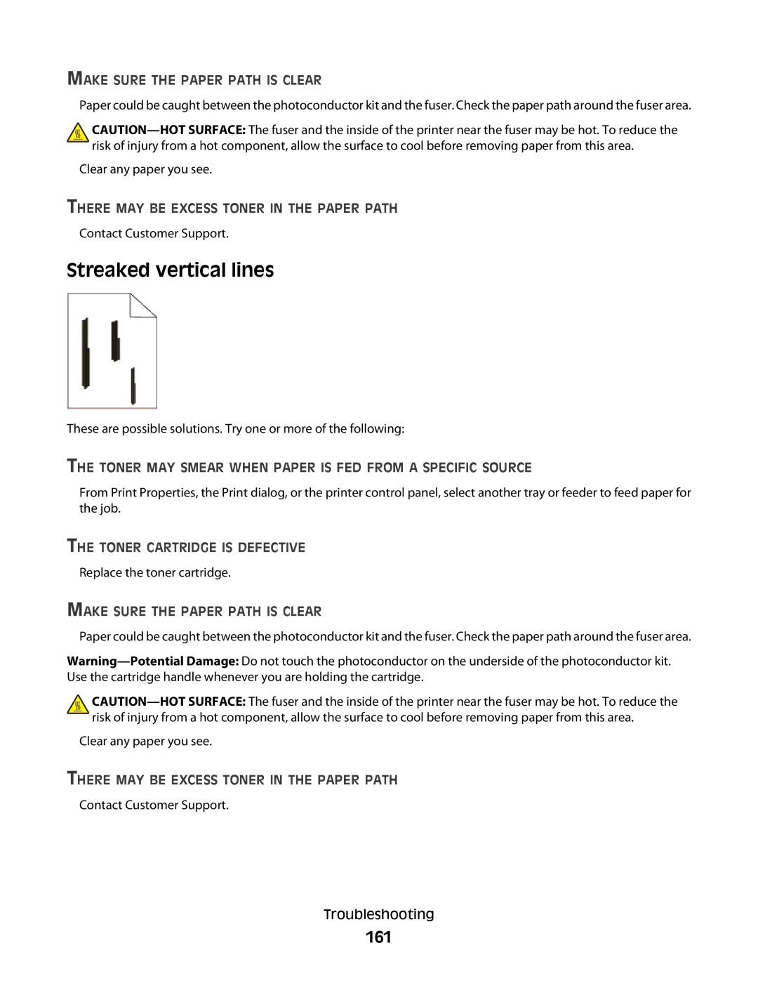 Lexmark E460dw manual Streaked vertical lines, 161 