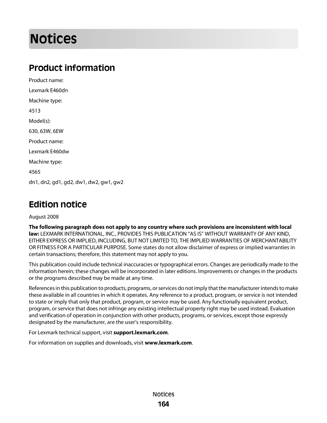 Lexmark E460dw manual Product information, Edition notice, 164 