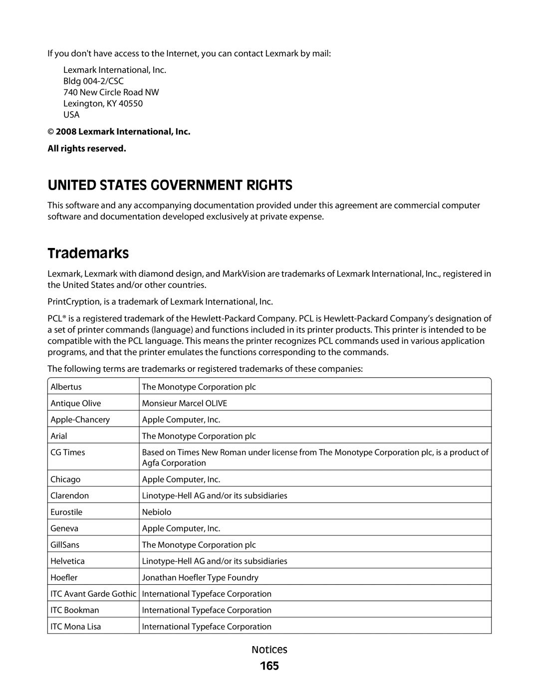 Lexmark E460dw manual Trademarks, 165, Lexmark International, Inc. All rights reserved 