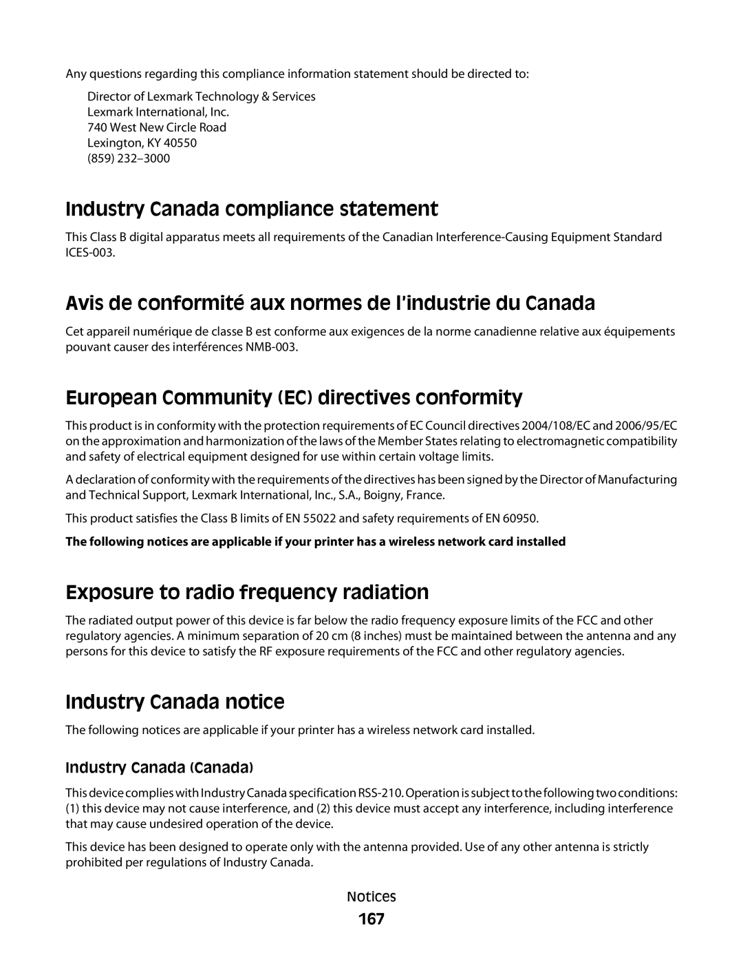 Lexmark E460dw manual Industry Canada compliance statement, Avis de conformité aux normes de l’industrie du Canada 