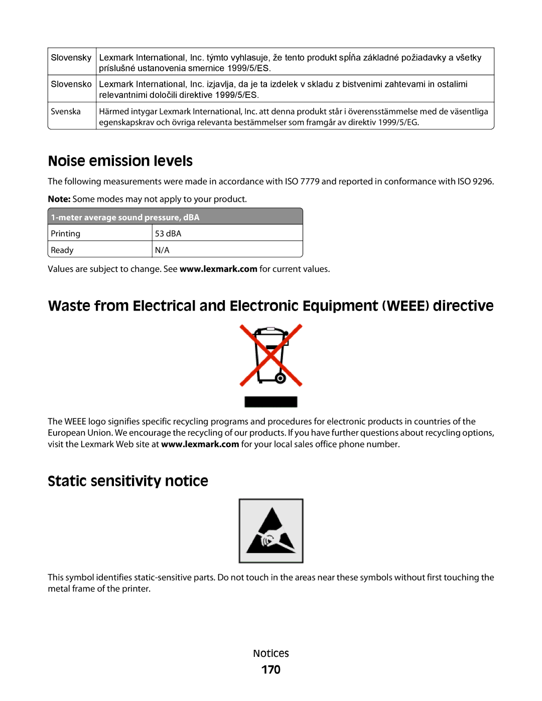 Lexmark E460dw manual Noise emission levels, 170 