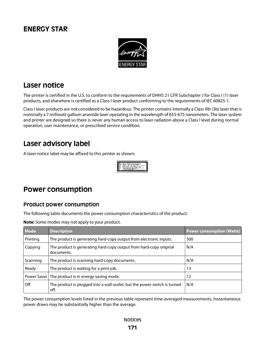 Lexmark E460dw manual Laser notice, Laser advisory label, Power consumption, 171 