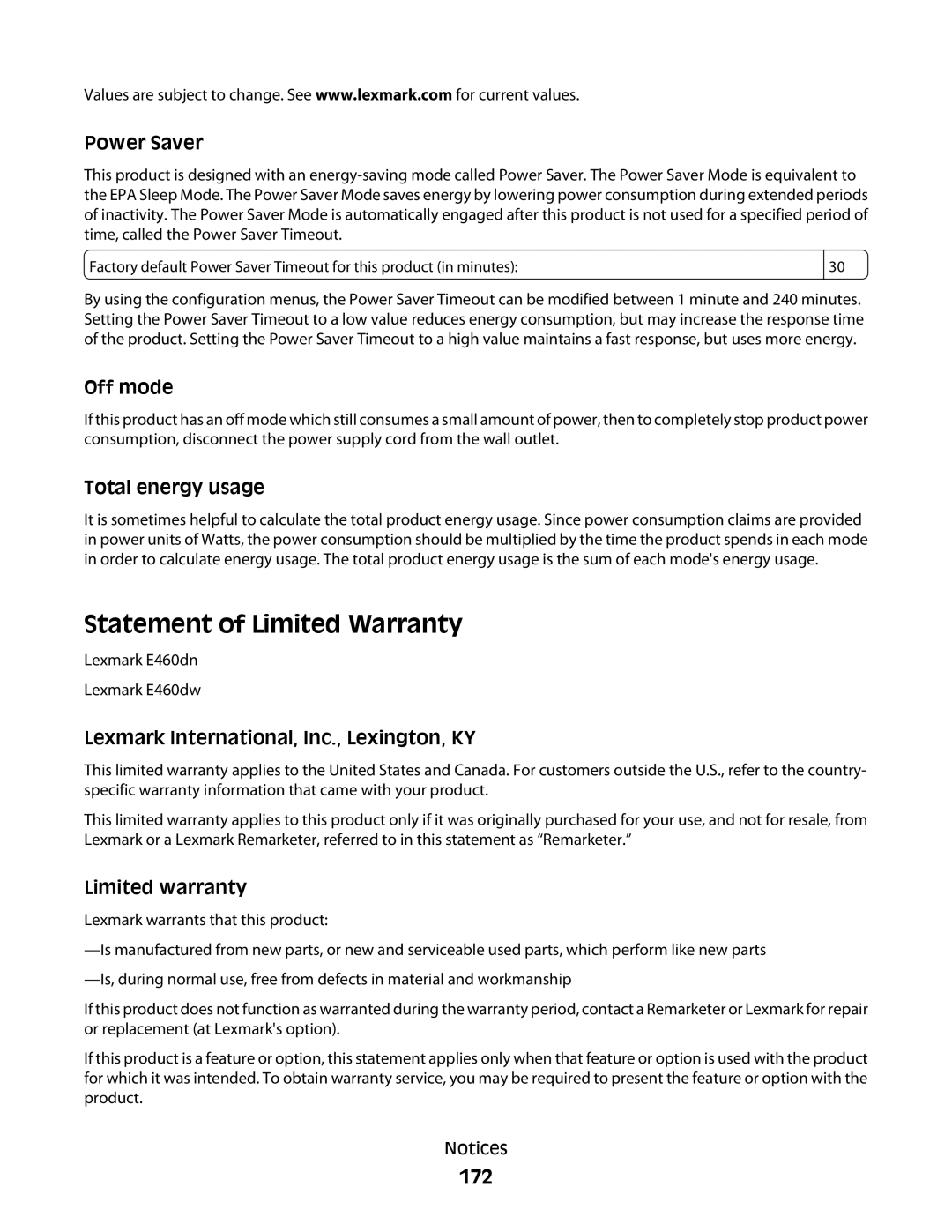 Lexmark E460dw manual Statement of Limited Warranty, 172 