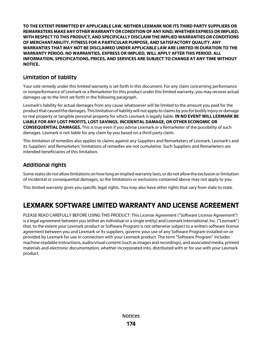 Lexmark E460dw manual 174, Limitation of liability 