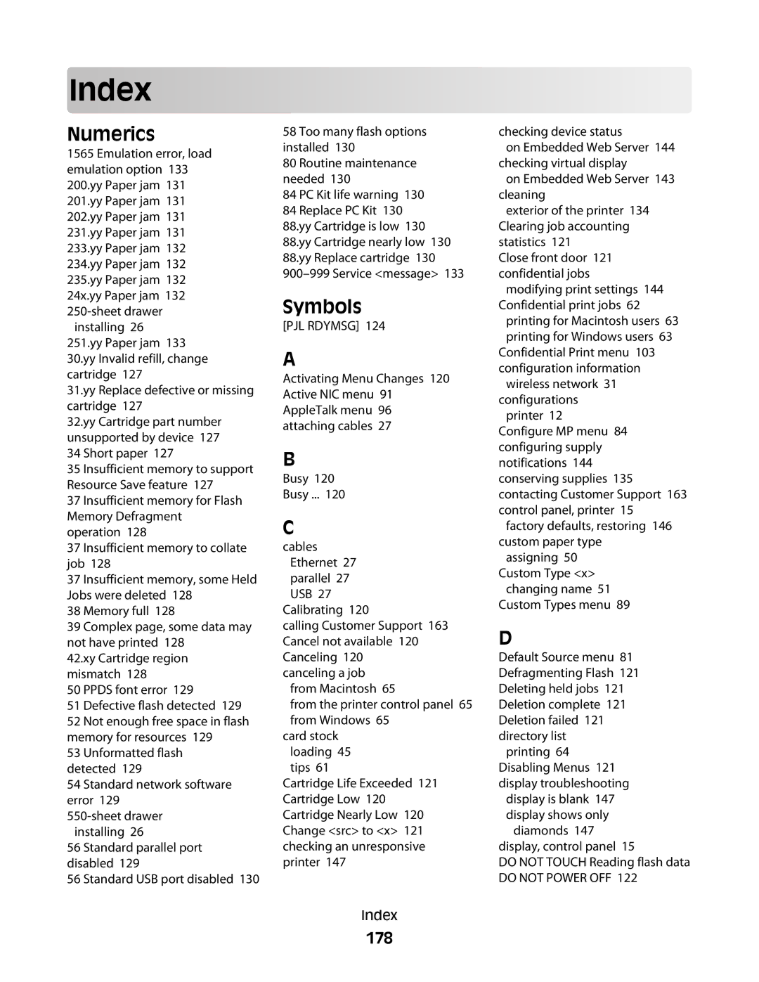 Lexmark E460dw manual Index, Numerics, Symbols, 178 