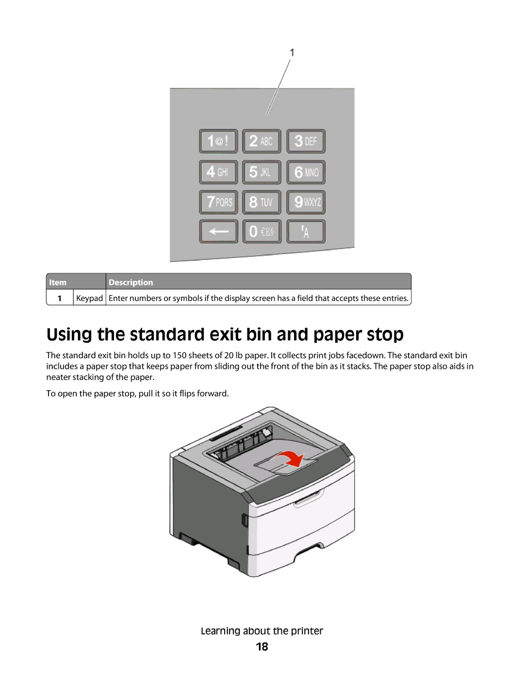 Lexmark E460dw manual Using the standard exit bin and paper stop 