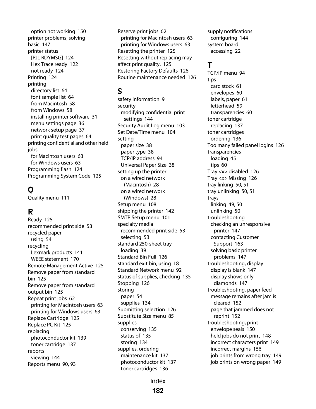 Lexmark E460dw manual 182, TCP/IP menu 94 tips 