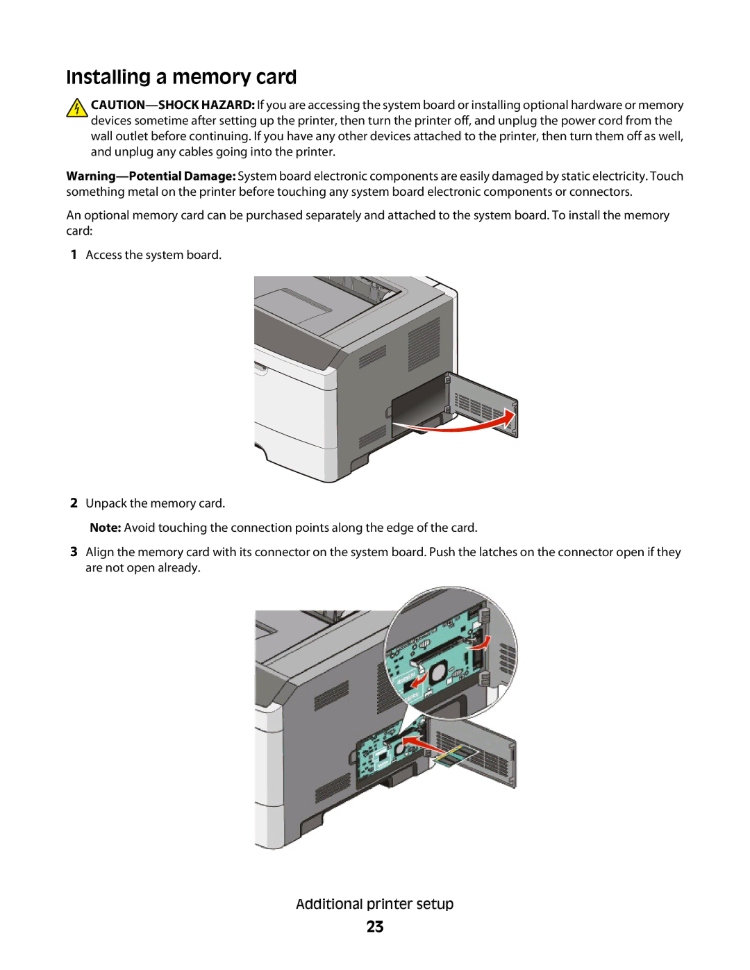 Lexmark E460dw manual Installing a memory card 