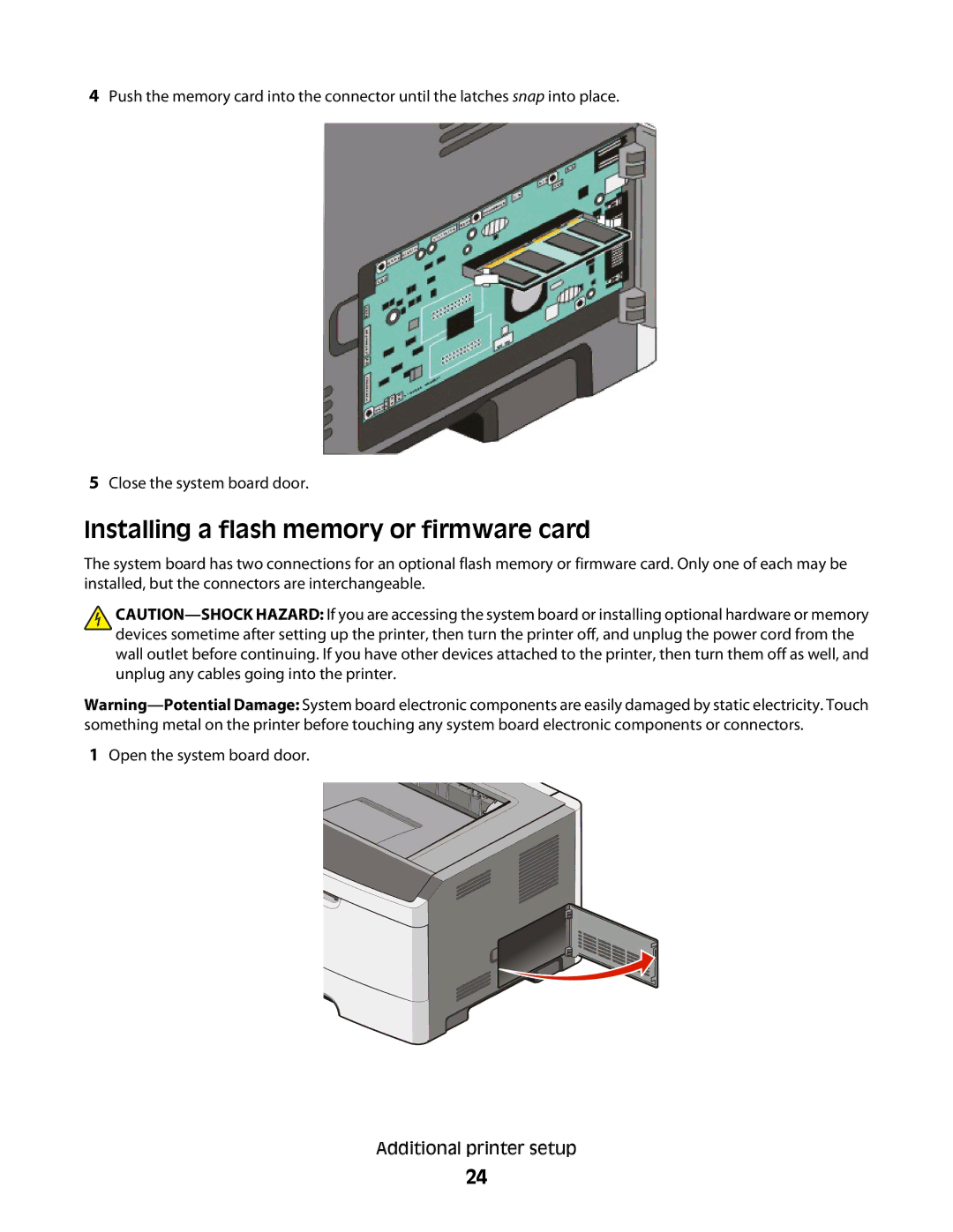 Lexmark E460dw manual Installing a flash memory or firmware card 