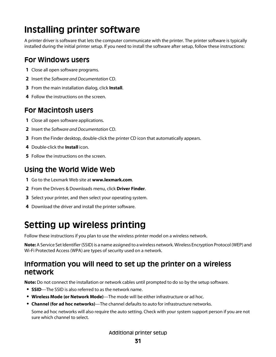 Lexmark E460dw manual Installing printer software, Setting up wireless printing, Using the World Wide Web 