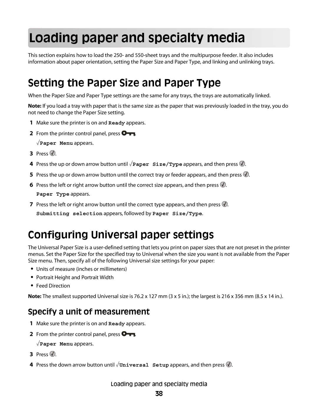 Lexmark E460dw manual Load in g pape r a nd s p ecialty media, Setting the Paper Size and Paper Type 