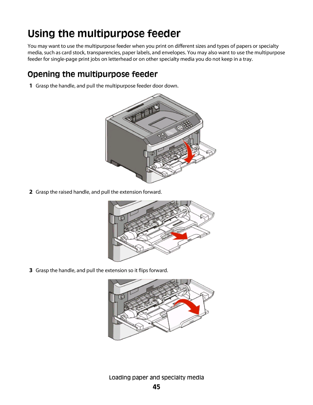 Lexmark E460dw manual Using the multipurpose feeder, Opening the multipurpose feeder 