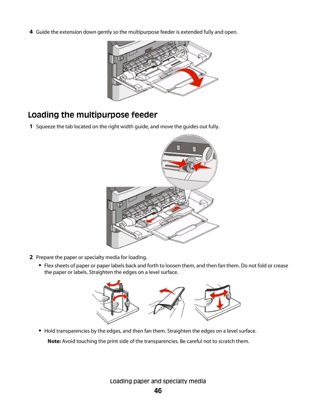 Lexmark E460dw manual Loading the multipurpose feeder 