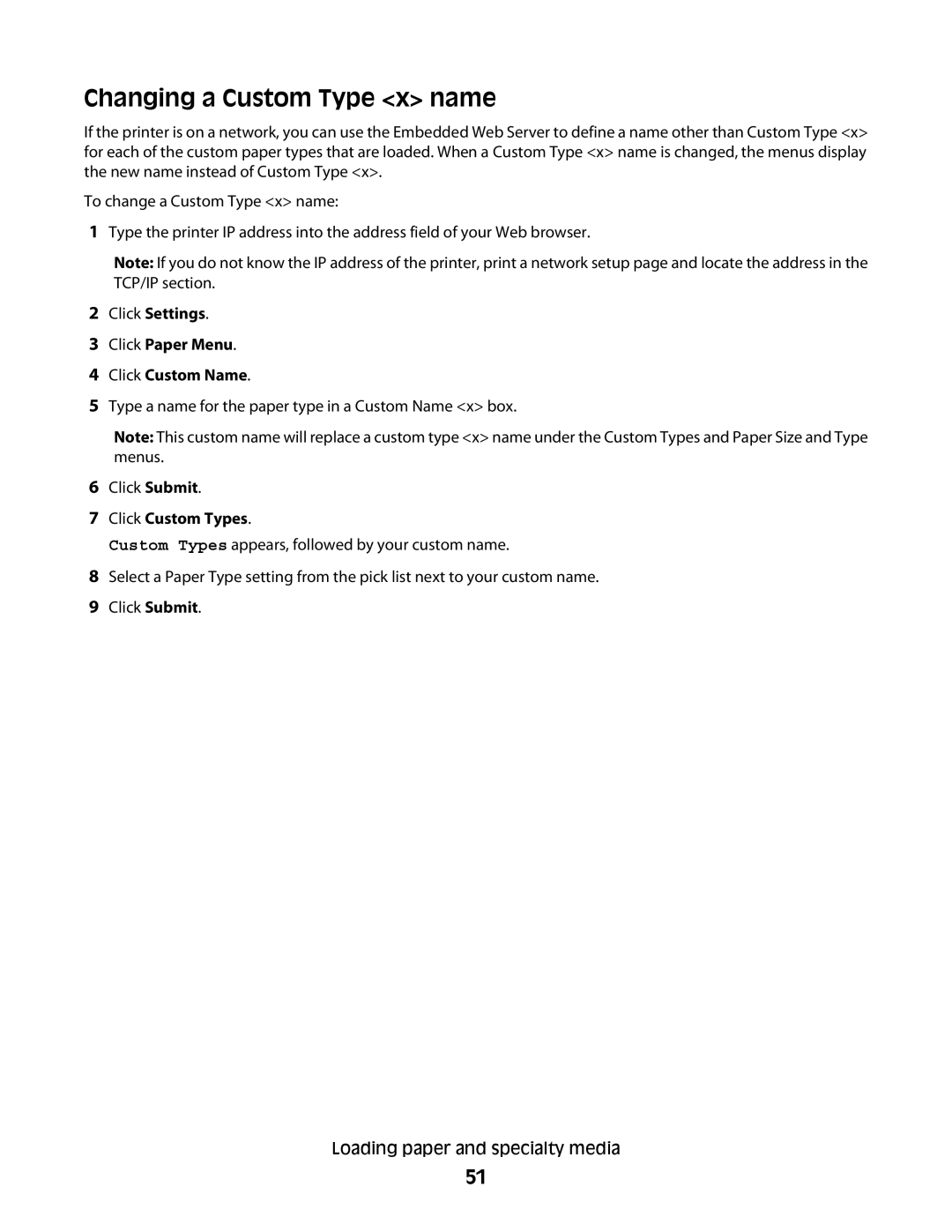 Lexmark E460dw manual Changing a Custom Type x name, Click Settings Click Paper Menu Click Custom Name, Click Custom Types 