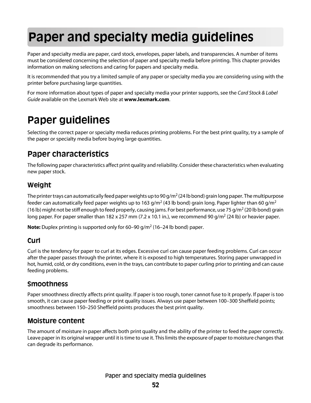 Lexmark E460dw manual Pap er and specialty m e dia g uidelin es, Paper guidelines, Paper characteristics 