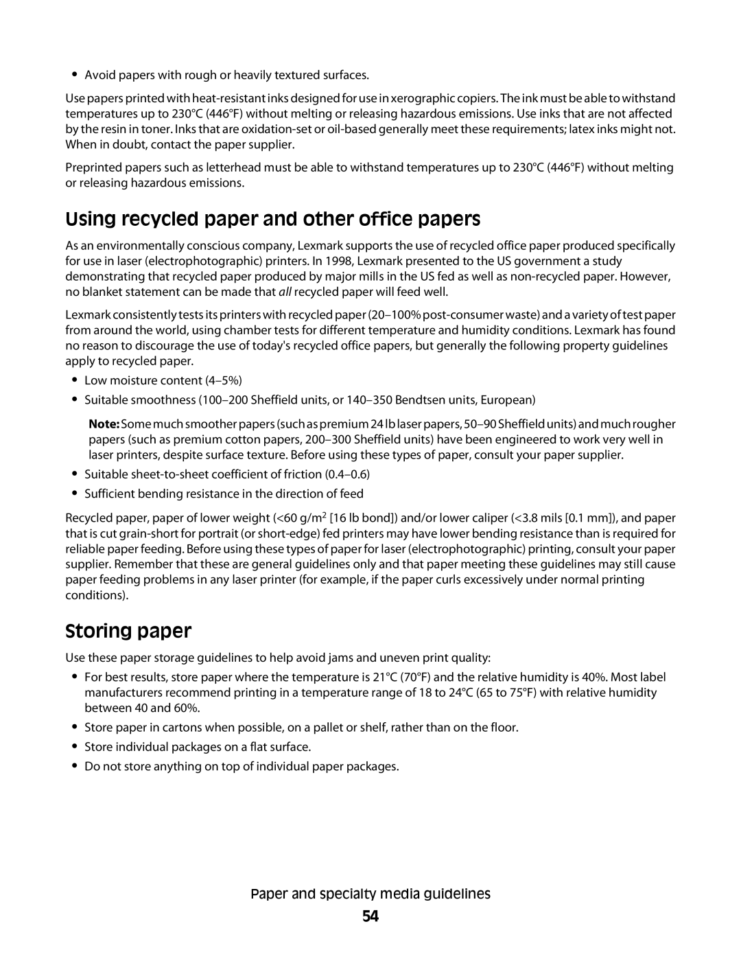 Lexmark E460dw manual Using recycled paper and other office papers, Storing paper 