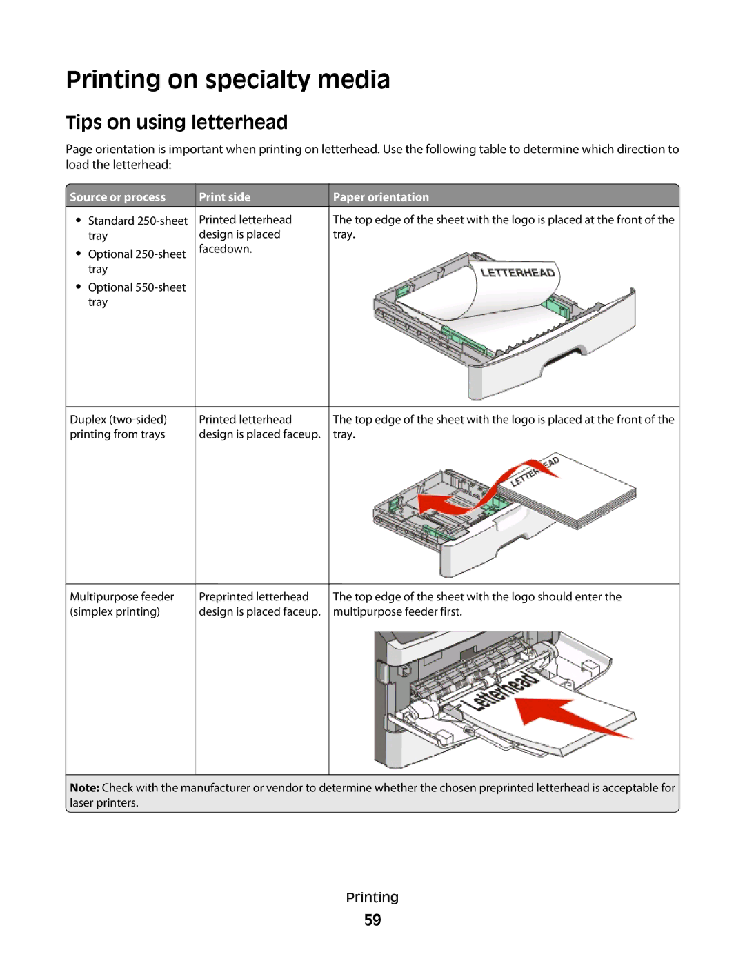 Lexmark E460dw manual Printing on specialty media, Tips on using letterhead 