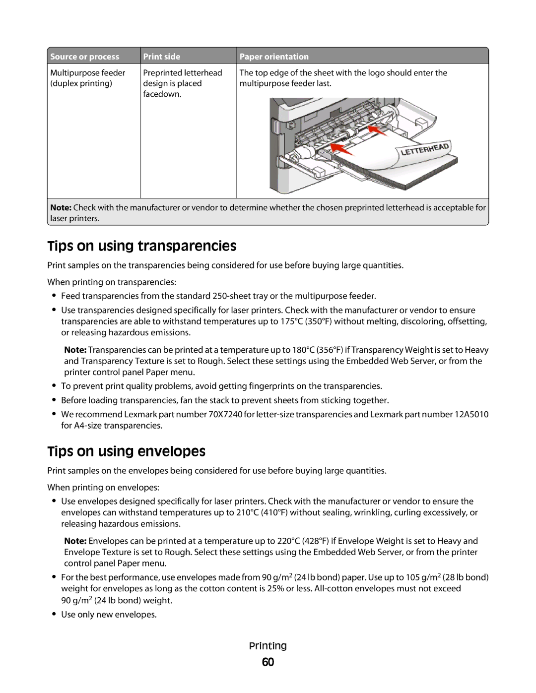 Lexmark E460dw manual Preprinted letterhead design is placed facedown 