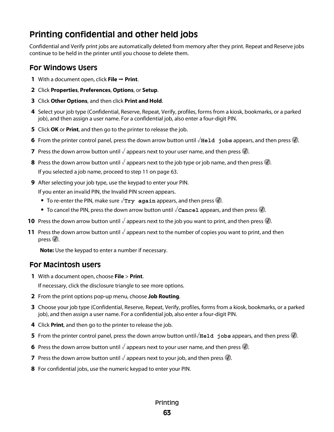 Lexmark E460dw manual Printing confidential and other held jobs, For Windows Users, For Macintosh users 