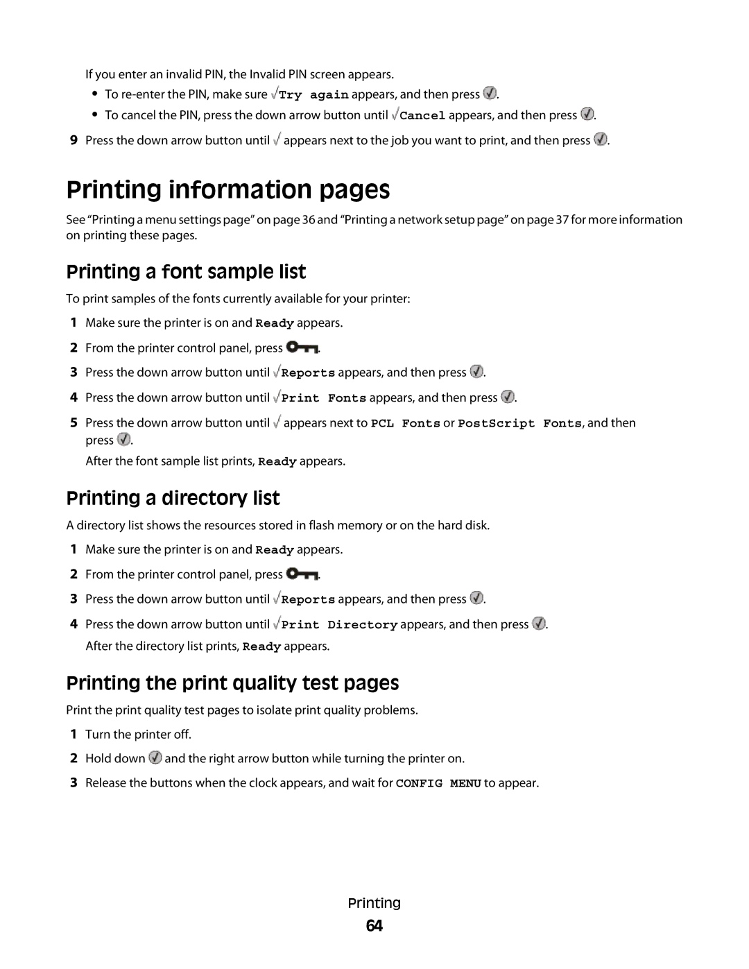 Lexmark E460dw manual Printing information pages, Printing a font sample list, Printing a directory list 